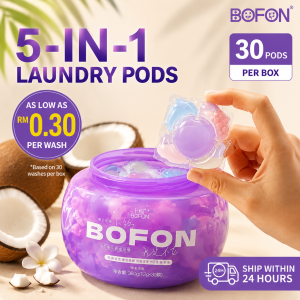 BOFON 5-in-1 Laundry Capsules | 12x Cleaning Power Anti-Bacterial Anti-Mite Long-Lasting Fragrance Color Care & Softening | 30 Pods/Box