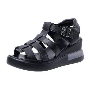 Free Shipping WomenS Open-Toe Woven Sandals Featuring A Hollow Design Roman Style And Retro Buckle Detailing With A Wedge Heel