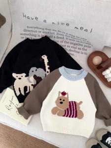 Korean-style baby clothes for spring and autumn cartoon round-neck versatile sweaters for boys and girls infant and toddler knit tops for spring