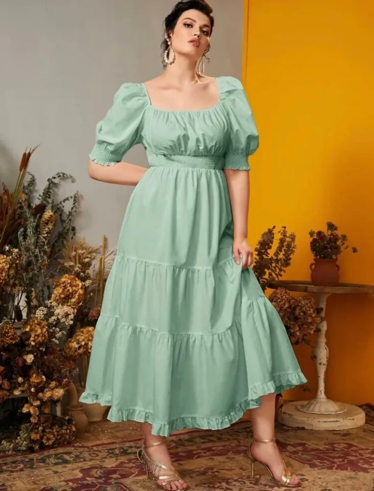 Women Casual Formal Plus Size Dress Puff Sleeve Square Neck Maxi Plain Pink  Green White Plain Dress For Women Long Dresses | Lazada PH