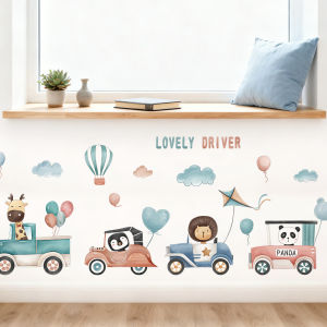 Decal giấy dán tường Lovely Driver và động vật dễ thương Có keo sẵn -Trang trí phòng cho bé