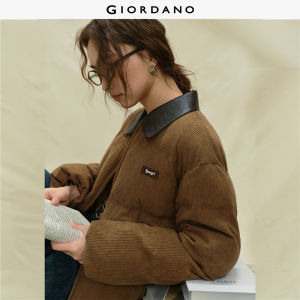 Giordano Women Embellished Patchwork Faux Leather Collar Corduroy Cotton Jacket Free Shipping 18375920