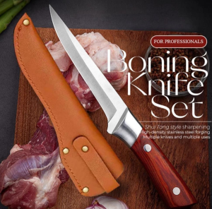 Professional Chef Stainless Steel Boning Knife with Leather Sheath for Meat & Fish Filleting
