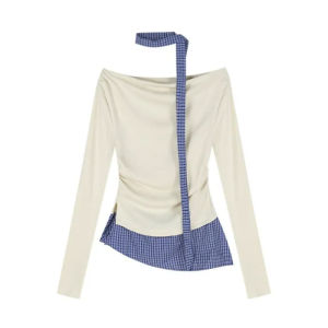 เสื้อเบลาส์ แขนยาวผู้หญิง คอปาดไหล่ ดีไซน์แต่งชายเสื้อชั้นในเป็นลายสก็อตสีน้ำเงิน ทรงเฉียงผ่า2ข้าง ผ้าฟลีซ นุ่ม แถม! ผ้าพันคอใส่คู่กัน เสื้อยืดผู้หญิง #6935