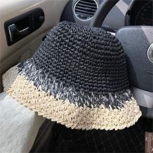 HULEQQI Spring Summer Beach Straw Cap Handmade Travel Womens Straw Hat Ins Sun Protection Bucket Hat Outdoor