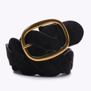 PTK52 PU Leather Suede Belt Weave Pin Buckle Twists Woven Waistband Fashion Metal Men Belt