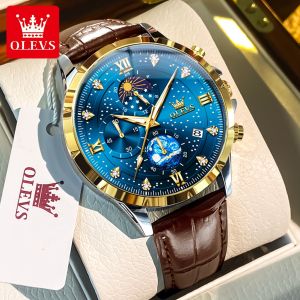 OLEVS Watch Men Original Fashion Business Casual Waterproof Luminous Multi-function Chronograph Calendar Starry Sky Dial Genuine Leather Quartz Watches For Men