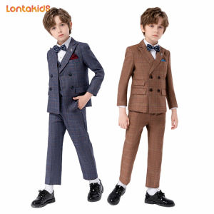 lontakids Kids Toddler Slim Fit Plaid Tuxedo Suit Ring Bearer Outfit Boys Formal Dress Clothes
