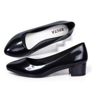 Womens Black Shoes Fashionable Student Black Shoes Rubber Non-Slip Work 5CM Black Shoes Pointed Toe Waterproof Rubber Shoes Comfortable Fit & Elegant Design 090523
