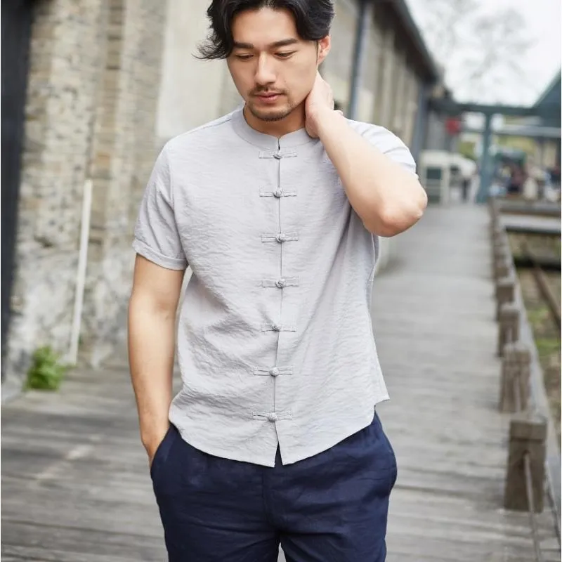 Cozy Up Chinese Style Shirt Men Short Sleeve Stand Collar Shirt