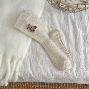 Dot yarn cartoon socks womens middle tube socks pure cotton ins trendy Japanese flocking puppy cute long socks