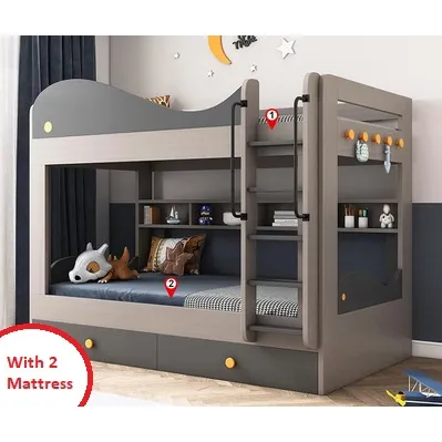 Children Double Decker Wooden Safe Bunk Bed For Kids With Drawer And Mattress Katil Bertingkat Kanak Kanak双层上下床