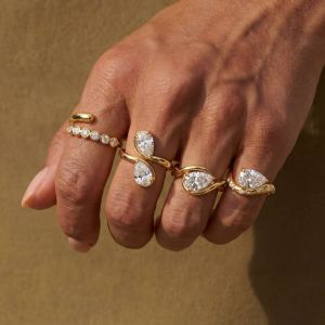 PYA94 Geometric Zircon Ring Imitation Mozambique Open Stackable Rings Simple Vintage Water Droplet Rhinestone Ring Women