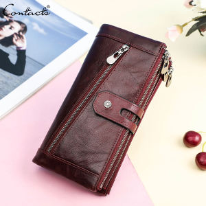 CONTACTS Genuine Leather Wallets Long Clutch Bag For Women Zipper Phone Pocket Coin Purse Quality Card Holder