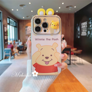MrHaHa Casing For iphone 15 promax 15pro 15plus 16 14 13 12 11 7 6 X Xs Xr Pro Max Cartoon Cute 3D Winnie The Pooh Doraemon Advanced Electroplated Large Window Lens Phone Case Lens Protective Silicone Shockproof Soft Back Cover