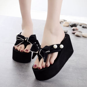 [Free Shipping] Shan Jiao 8Cm High Heel Flip-Flops With Bow Non-Slip Beach Sandals For Women Perfect For Vacation And Travel