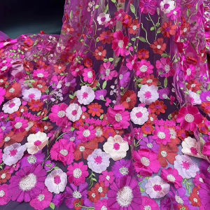Colorful 3D Flower Embroidered Tulle Fabric Diy Wedding Dress Cloth Textile Mesh Luxury Flower Patch Sewing Lace Fabrics By Yard