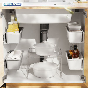 JustLiving Kitchen Sink Storage Box Wall-mounted Drawer Type Under Sink Storage Rack Kitchen Organizers Plastic Push-Pull Storage Rack for Bathroom、Kitchen