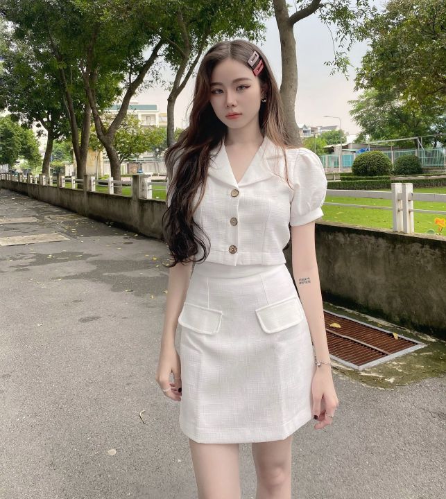 HOÀN TIỀN 15% - Set chân váy áo croptop cổ vest trắng xinh thiết kế cao cấp  khoe eo hợp đi chơi đi tiệc có lót quần trong XuongMaySonTung | Lazada.vn
