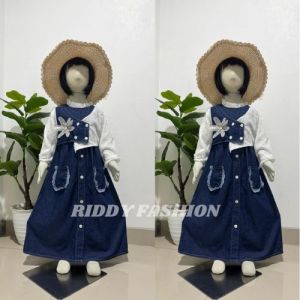 NEW - GAMIS RAYA JEANS BUNGA MIX BRUKAT ANAK PEREMPUAN USIA 3 - 12 TAHUN / BAJU GAMIS VIRAL LENGAN BRUKAT - PAKAIAN MUSLIMAH LEBARAN ANAK TERBARU
