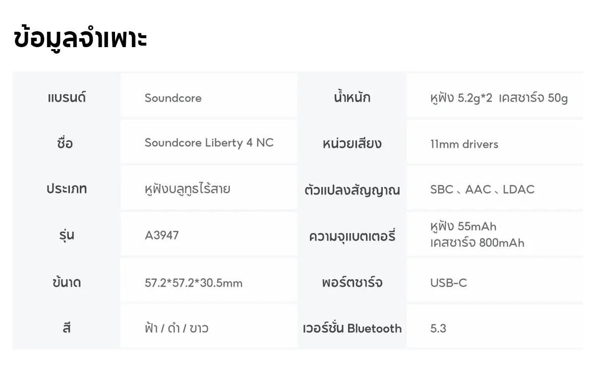 Soundcore Liberty 4 NC หูฟังบลูทูธไร้สาย 5.3 ลดเสียงรบกวนAll-New True-Wireless Earbuds Reduce Noise 98.5% A3947