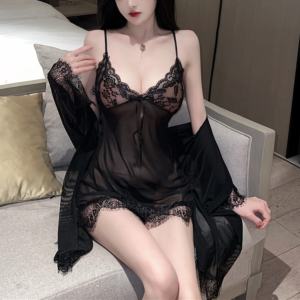 TIMIA Transparent Lace Suspender Nightdress Backless Deep V Neck Mesh Sling Nightgown Fashion Ice Silk Sleepwear Robe Set Home