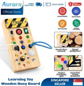 Busy Board with LED Light Switches Montessori Toys for 1 2 3 Years Old Toddlers Wooden Toy Sensory Activity Board