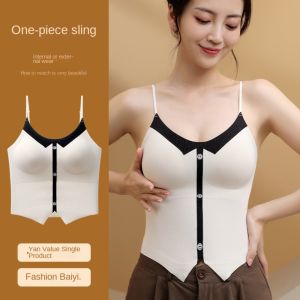 GOOTRADES พร้อมเบาะรองหน้าอก ชุดชั้นในผ้าไหมเย็น ไม่ทิ้งร่องรอย ลายปุ่มเลียนแบบ คอร์เซ็ตไหมน้ำแข็ง ระบายอากาศได้ ทรงเข้ารูป ชุดเอี๊ยมแบบมีสายรัด ฤดูใบไม้ผลิฤดูร้อน
