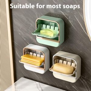 Wall Mounted Soap Box with Lid Punch-Free Flip Drain Soap Dish Bathroom Waterproof Soap Tray Luxury Multi Soap Holder
