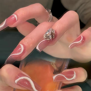 Bộ 24 móng tay giả dài - CZ 087 - đính đá sang trọng dễ thương cho nữ màu hồng sọc trắng - Kèm keo dán móng CÓ ẢNH SP THẬT