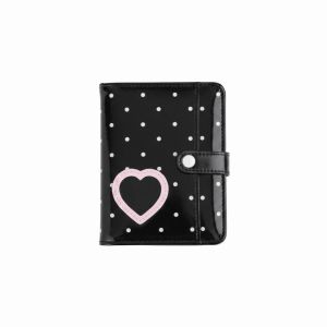 538TD Aesthetic M5 Binder Cover Minimalist Glossy Black Polka Dot Casing Heart Design Shield Snap Closure Mini Planner Jacket Daily Journaling