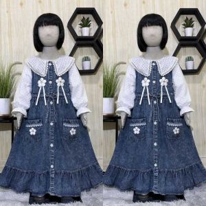 ( Gratis Bando ) Gamis Full Jeans Impor  Anak Perempuan Kekinian Bahan Jeans Mix Brukat Model Viral Kids Untuk Usia 3 -  12 Tahun  Dress Kombinasi Lengan Brukat Baju Muslim Anak Perempuan Gams Lebaran Anak Perempuan Terbaru 2025  COD - Samero Fashion