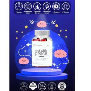 3 bottles og REst with Peace witj Melatonin and Ashwagandha By yogummy Embrace the power of natural sleep support with our delectable melatonin and Ashwagandha gummies and say hello to a brighter more rested you.