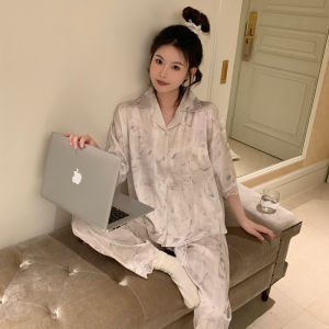 Korean Fashion Irregular Printing Short-sleeved Loungewear Womens Lace Pajamas Sets Wholesale Ice Satin Silk Pajamas for Women