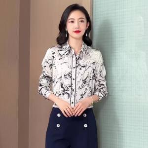AMMIN 2025 Autumn New Simple Lapel Fashion Gradient Print High-end Long Sleeve Shirt for Women Korean Style Ink Painting Print Unique and Exquisite Commuting Elegant Blouse