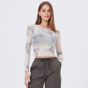 Lamshop gradual change yarn fake two sports T-shirt womens long sleeves chest pad yoga clothes mesh top quick drying and thin fitness clothes