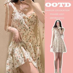 #COD French Suspender Dress For Women Sleeveless With Mushroom Edge Floral Dress Backless Beach Dress