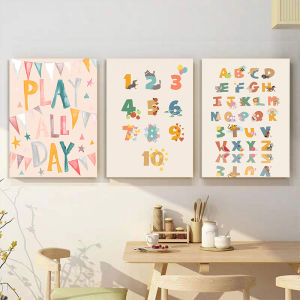 (With Frame)Boho Pastel Canvas Poster Animal Alphabet Numbers Play All Day Wall Art for Children Nursery Playroom Bedroom Home Decor