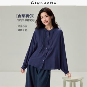 GIORDANO Women Shirts Pintuck Placket Loose Shirts Round Neck Long Sleeve Fashionable Casual Shirts 18346007