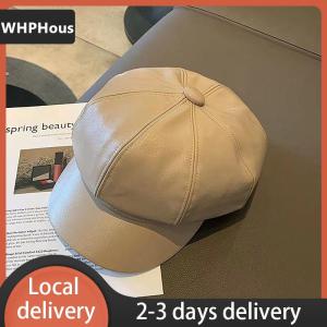 [COD] WHPHous Ship within 24 hours Women Fashion Beret Solid Beret Cap Pu Leather Beret French Artist Warm Beanie Hat Female Ladies Hat Girls Cap