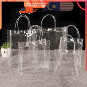 2PCS Transparent Soft PVC Gift Tote Packaging Bags with Button Hand Loop Clear Plastic Handbag Cosmetic Bag