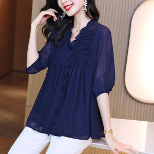 Plus Size Printed Shirt Vintage Blouse Womens Short-sleeved V-neck Design Fashion Bohemian Holiday Style Mid-length Casual Loose Top