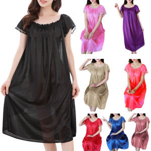 Womens mùa hè ren lụa băng nightdress tay ngắn lỏng cỡ lỡn Áo ngủ XL