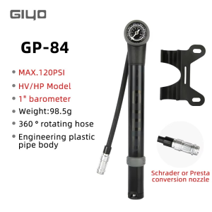 Bơm Xe Đạp Mini GIYO GP-84 Có Đồng Hồ Đo Áp Suất – Hợp Kim Nhôm Áp Suất Cao Hỗ Trợ Van Schrader & Presta