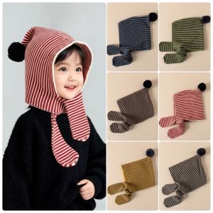 FLYING Ear Protection Children Hooded Scarf Caps Thick keep Warm Stripe Hooded Scarf Caps Soft Kids Stripe Hat Winter