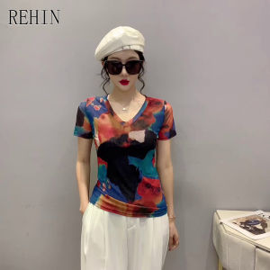 REHIN Áo Nữ Thời Trang Mùa Hè Áo Thun Tay Ngắn In Họa Tiết Lưới Độc Đáo Áo Cánh Thanh Lịch Mỏng S-3XL Cổ Chữ V