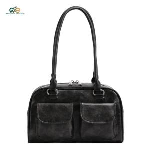 Women Chic Hobo Bag Double Pocket PU Single Shoulder Bag Solid Color Stylish Underarm Bags Large Capacity Retro Handbag[Winnereco Lifestyle]