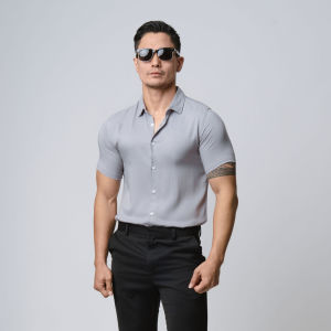 VENGOZ Kemeja Pria Slim Fit - Viscose Light Grey SS