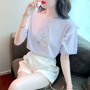 YIGE 2022 summer new fashion Korean style puff sleeves lace lace cotton purple T-shirt for women casual print top for women.