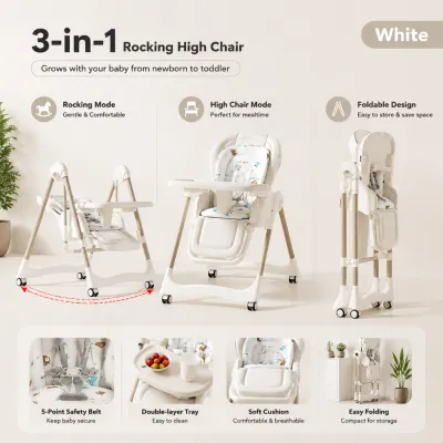 PlayPark Baby High Chair with Adjustable Height and Backrest Multi-Functional Dining and Rocking Chair